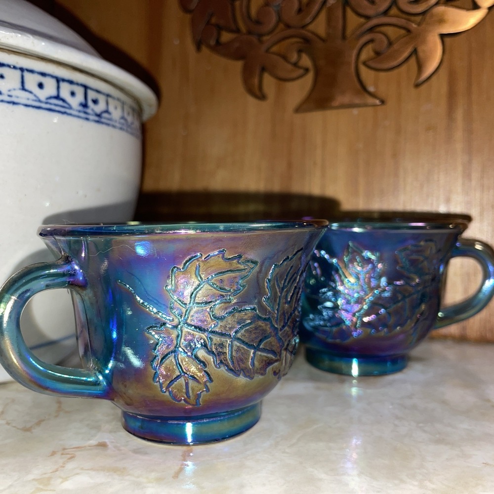 2 - Vintage Iridescent Blue‎ Indiana Carnival Glass Grape Harvest Punch Cups